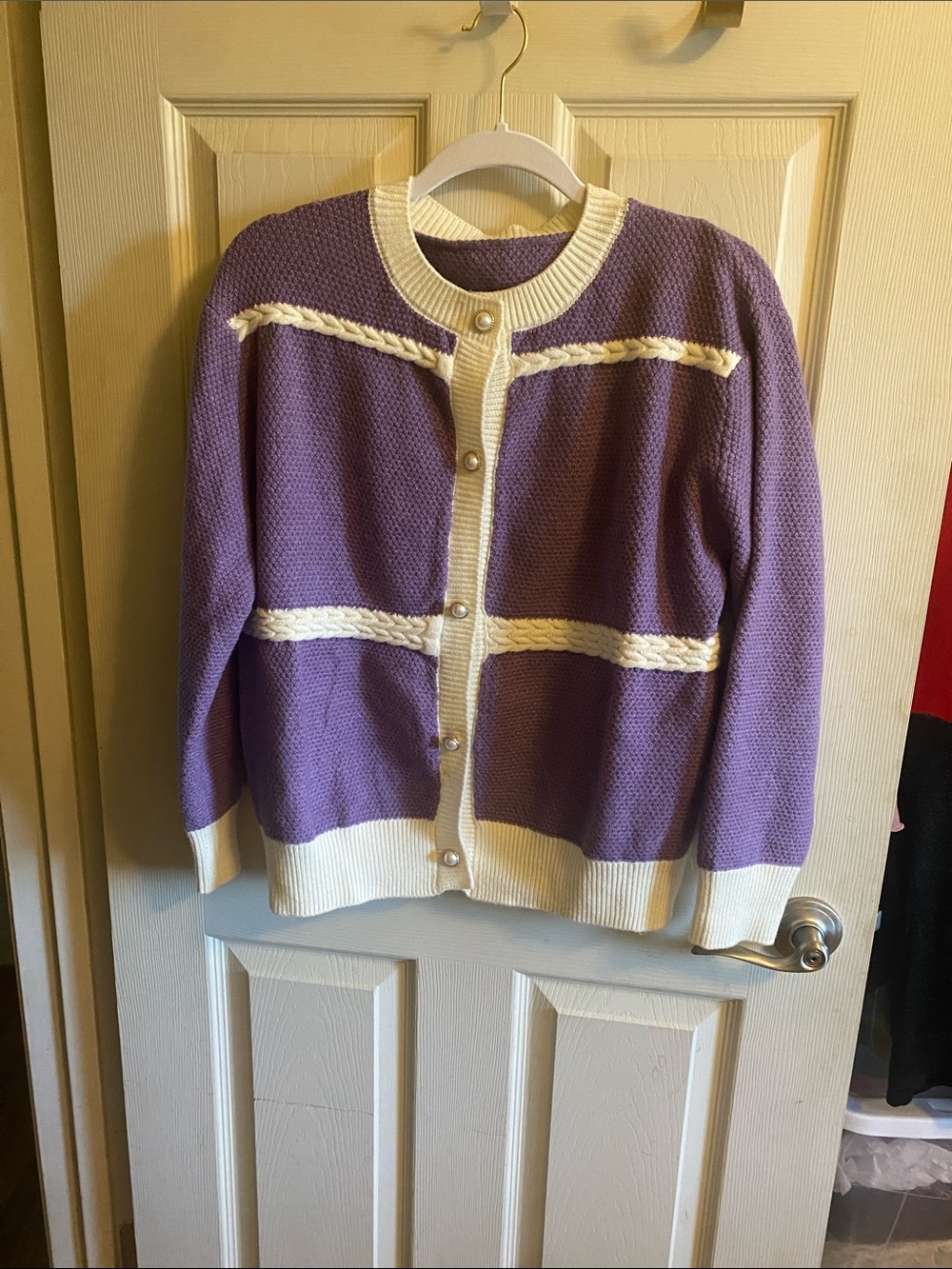Vintage Purple and Cream Color Block  Button-Front Women's Cardigan Sweater